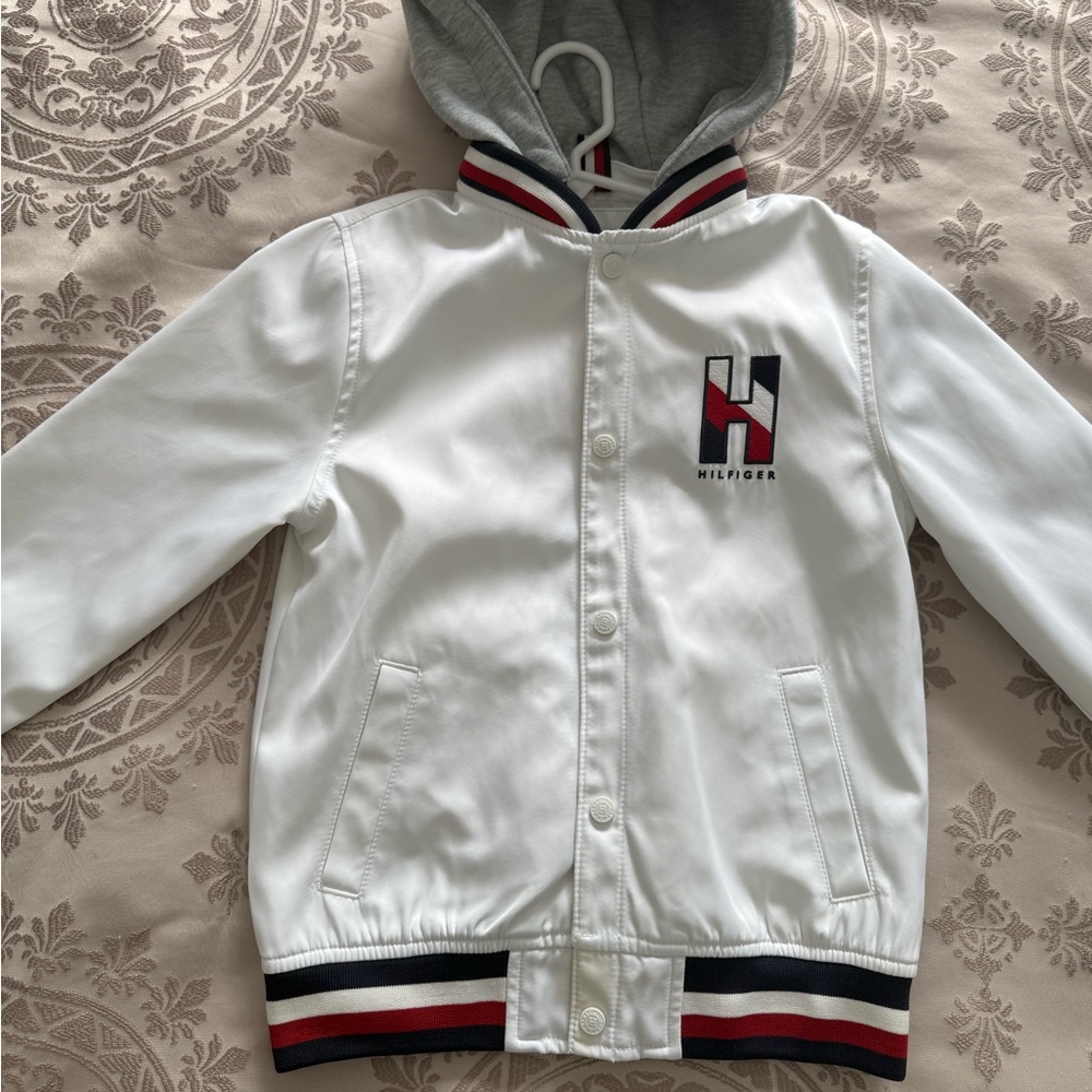 Tommy Hilfiger White Hooded Bomber Jacket - Red/Blue Accent Boy 7